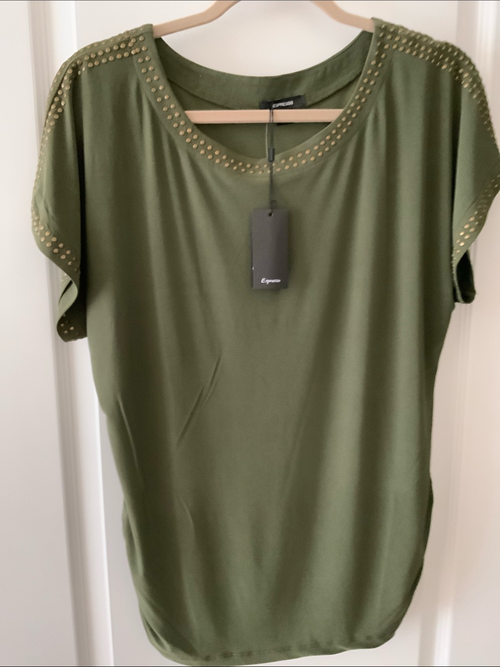 Espresso Olive Green Short Sleeve Top with Stud Trim